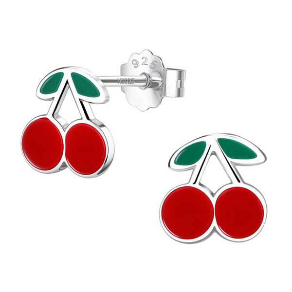 A pair of sterling silver stud earrings in a cherry motif with red and green enamel, shown on a white background.