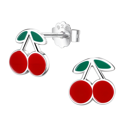 Cherry Cheer Cute Enamel Stud Earrings in 925 Sterling Silver