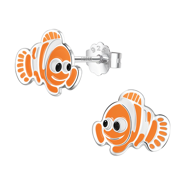 A pair of sterling silver stud earrings shaped like cartoon clownfish with bright orange, white, and black enamel detailing.