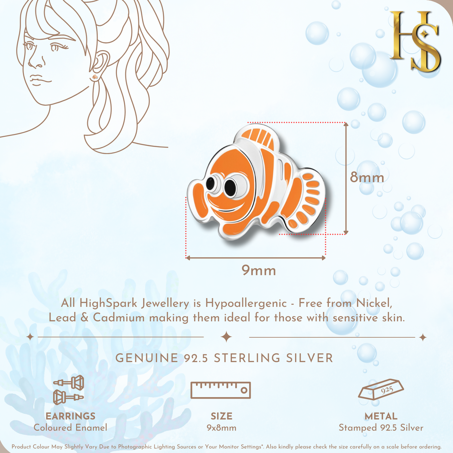 Coral Clown Fish Cute Enamel Stud Earrings in 925 Sterling Silver