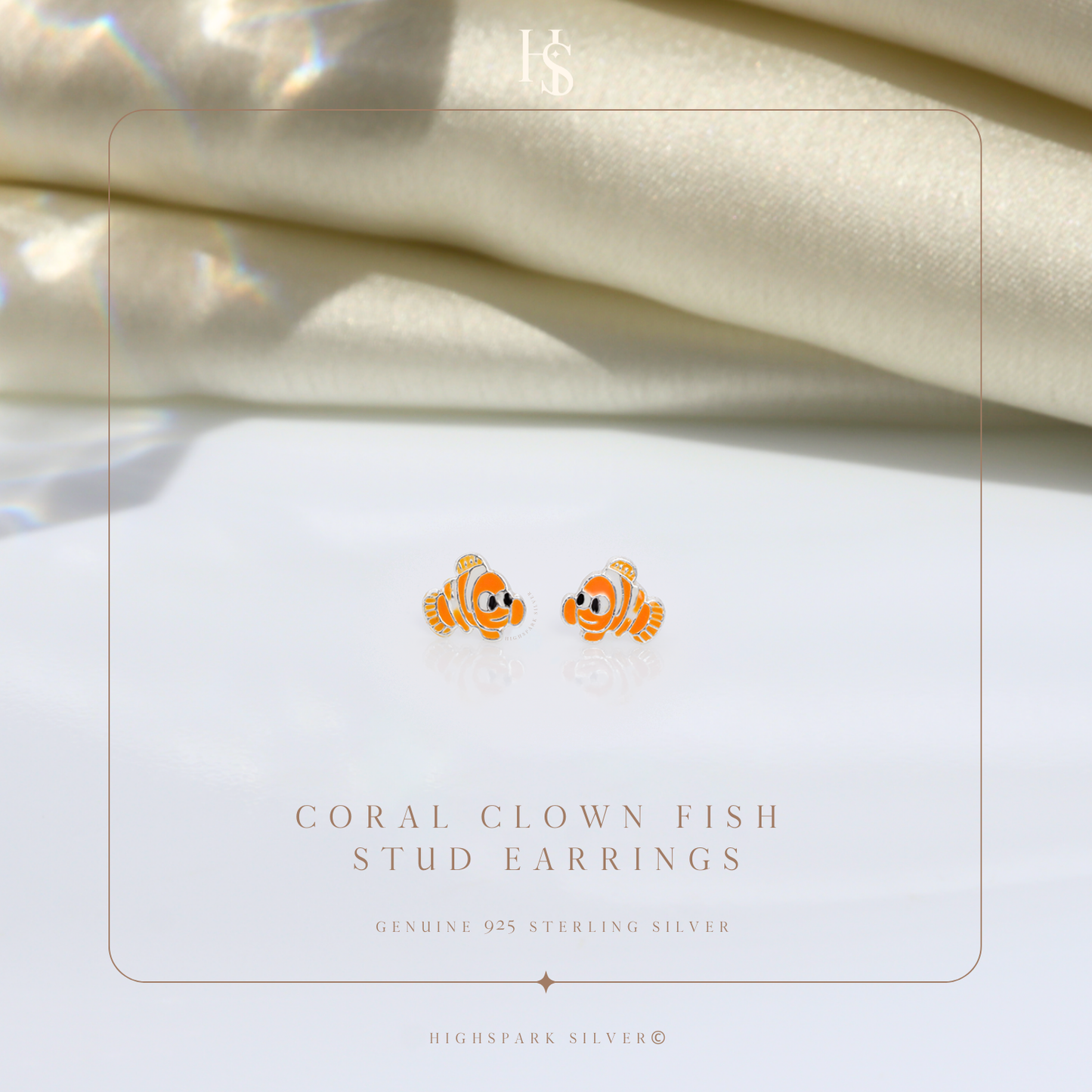 Coral Clown Fish Cute Enamel Stud Earrings in 925 Sterling Silver