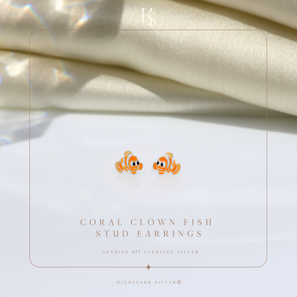 Coral Clown Fish Cute Enamel Stud Earrings in 925 Sterling Silver