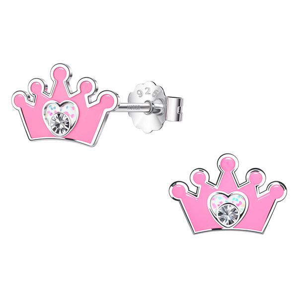 A pair of sterling silver stud earrings shaped like a princess crown with pink enamel and a central American diamond on a white background.