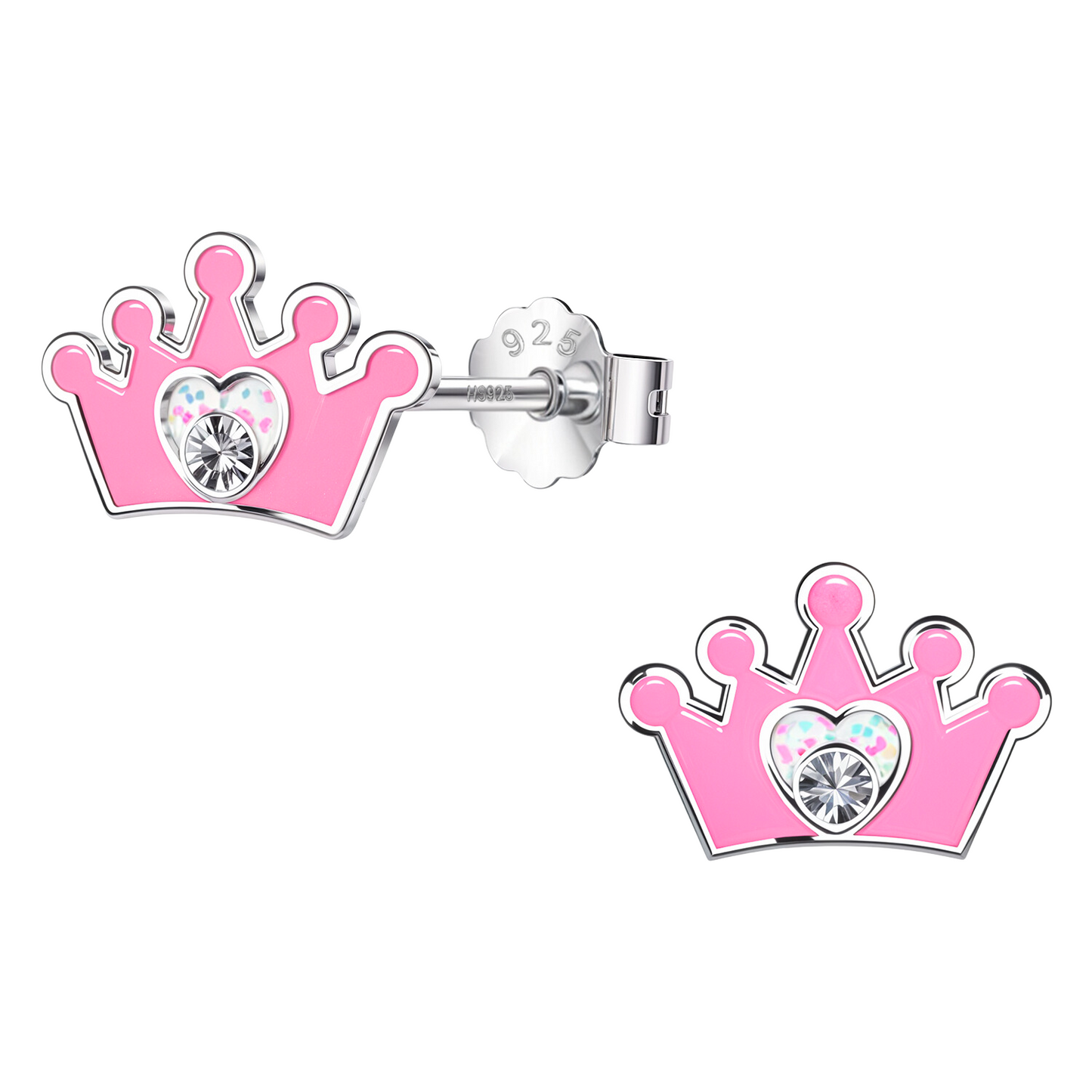 Pink Princess Crown Cute Enamel Stud Earrings in 925 Sterling Silver