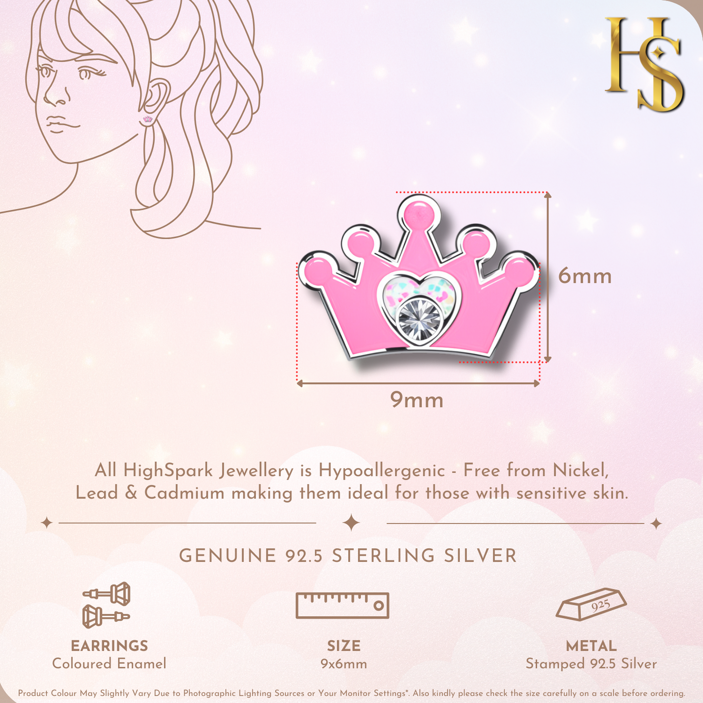 Pink Princess Crown Cute Enamel Stud Earrings in 925 Sterling Silver