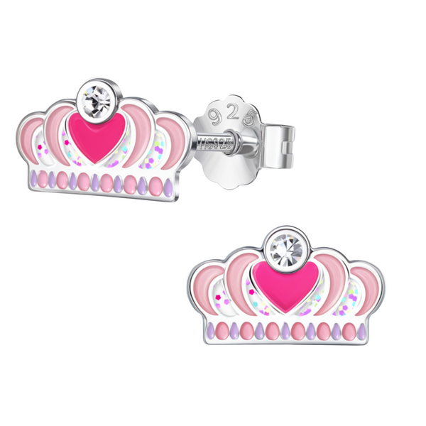 A pair of crown-shaped stud earrings with pink enamel, a central heart, glitter details.