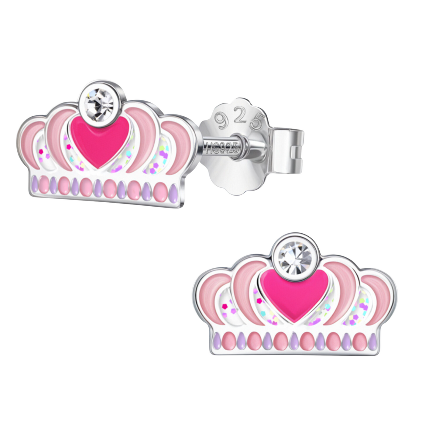 Glittery Queen Crown Cute Enamel Stud Earrings in 925 Sterling Silver