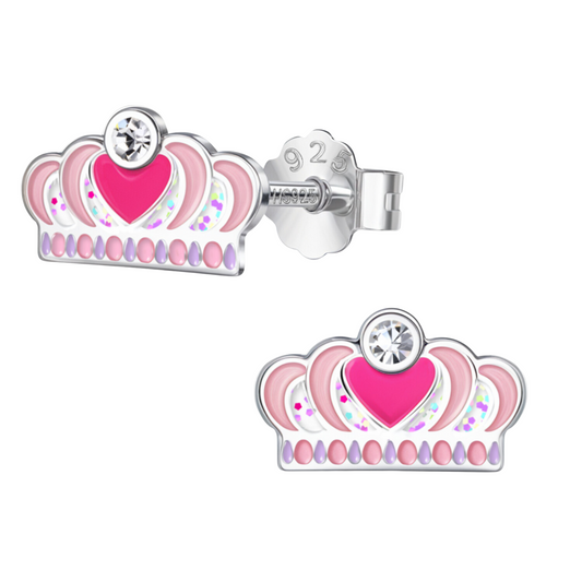 Glittery Queen Crown Cute Enamel Stud Earrings in 925 Sterling Silver