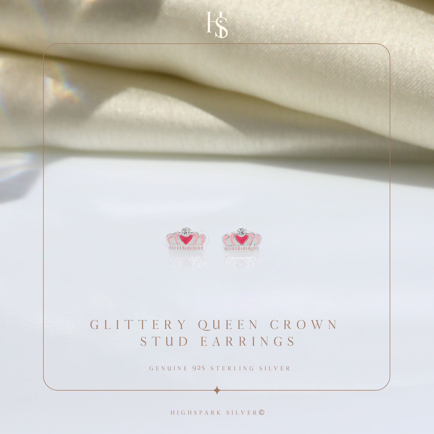 Glittery Queen Crown Cute Enamel Stud Earrings in 925 Sterling Silver