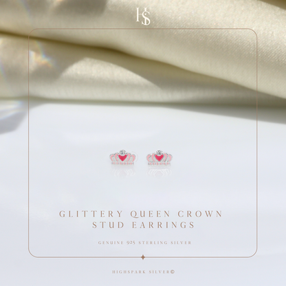 Glittery Queen Crown Cute Enamel Stud Earrings in 925 Sterling Silver