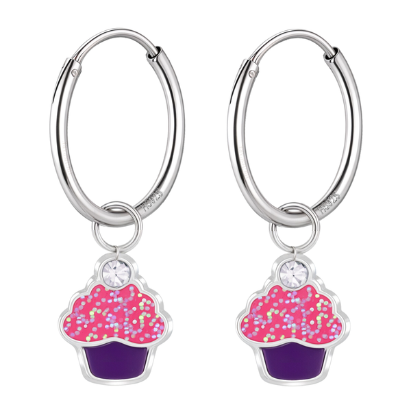 Sterling silver hoop earrings with a cupcake charm featuring pink glitter enamel frosting, a purple enamel base.