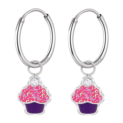 Glittery Cupcake Sprinkle Cute Enamel Hoops in 925 Sterling Silver