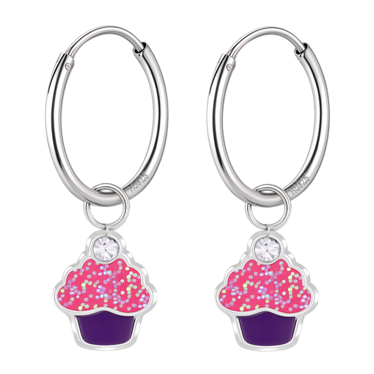 Glittery Cupcake Sprinkle Cute Enamel Hoops in 925 Sterling Silver