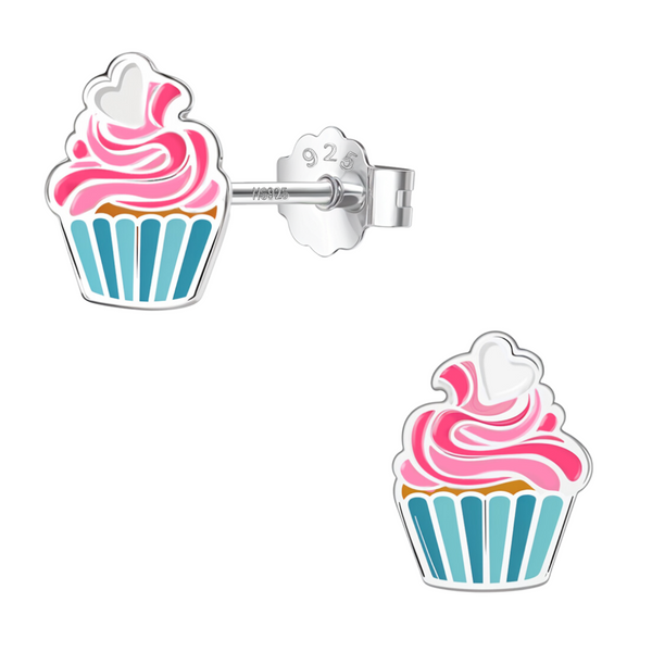 A pair of cupcake-shaped stud earrings with pink, blue, and white enamel detailing in sterling silver, shown on a white background.