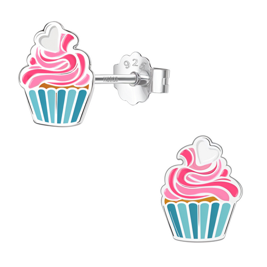 Frosted Fantasy Cupcake Cute Enamel Stud Earrings in 925 Sterling Silver