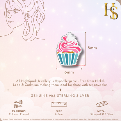 Frosted Fantasy Cupcake Cute Enamel Stud Earrings in 925 Sterling Silver