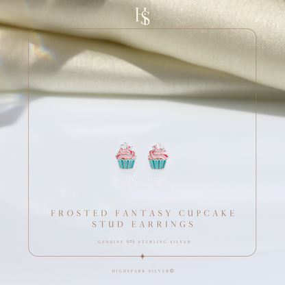 Frosted Fantasy Cupcake Cute Enamel Stud Earrings in 925 Sterling Silver