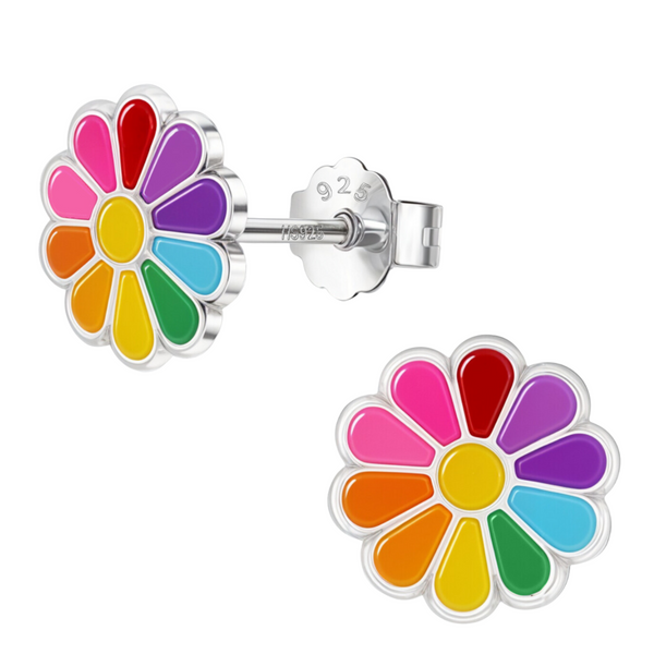 A pair of daisy-shaped stud earrings with rainbow-colored enamel petals in a sterling silver setting on a white background.