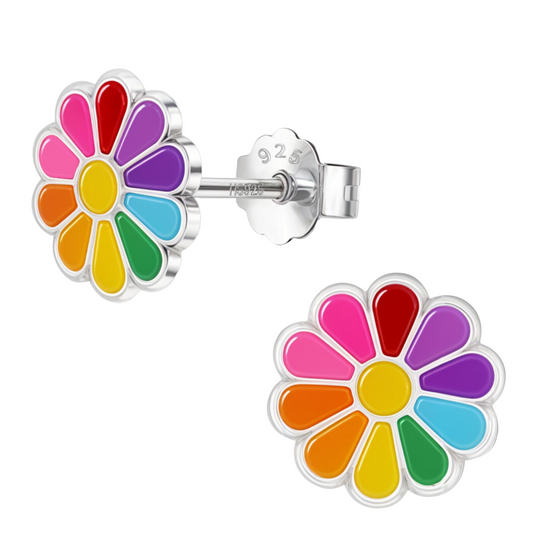 Dazzling Daisy Rainbow Cute Enamel Stud Earrings in 925 Sterling Silver