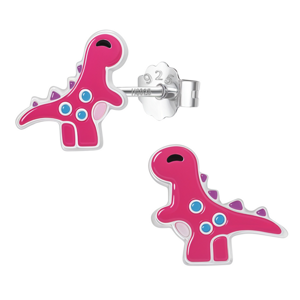 A pair of sterling silver stud earrings in the shape of a pink dinosaur with blue spots and purple spikes, shown on a white background.