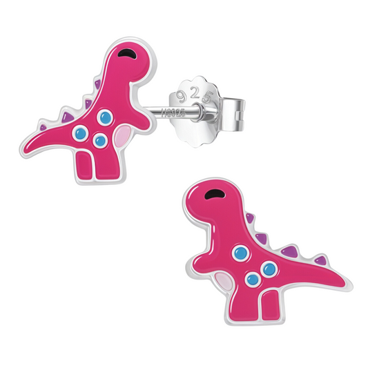 Dashing Dinosaur Cute Enamel Stud Earrings in 925 Sterling Silver