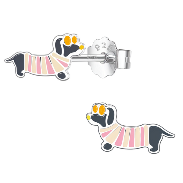 Sterling silver stud earrings in the shape of a dachshund dog wearing a pink and cream striped sweater and orange sunglasses.