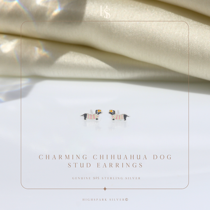 Charming Chihuahua Dog Cute Enamel Stud Earrings in 925 Sterling Silver