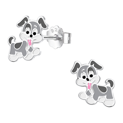 Playful Puppy Cute Enamel Stud Earrings in 925 Sterling Silver