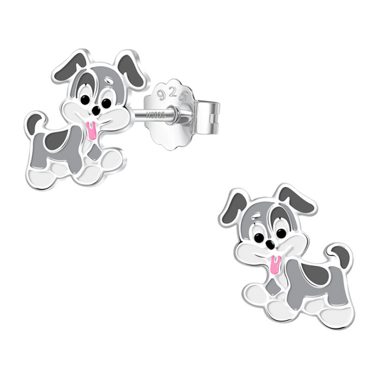 Playful Puppy Cute Enamel Stud Earrings in 925 Sterling Silver