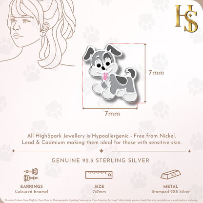 Playful Puppy Cute Enamel Stud Earrings in 925 Sterling Silver