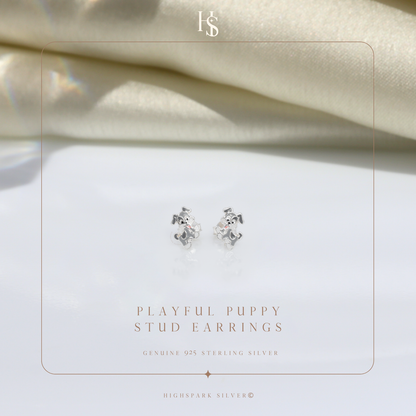 Playful Puppy Cute Enamel Stud Earrings in 925 Sterling Silver