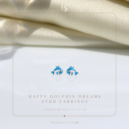 Happy Dolphin Dreams Cute Enamel Stud Earrings in 925 Sterling Silver