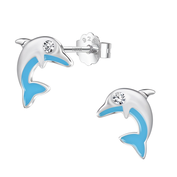 A pair of dolphin-shaped stud earrings in sterling silver with blue enamel details and a bezel-set American diamond eye.