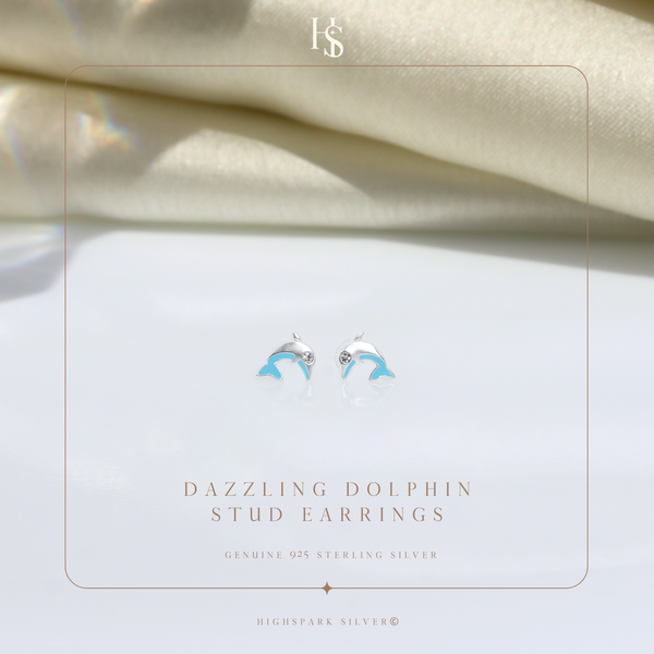 Dazzling Dolphin Cute Enamel Stud Earrings in 925 Sterling Silver