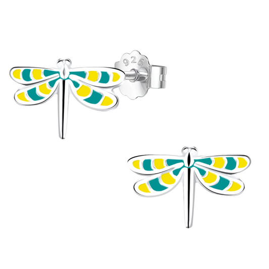 Sunshine Yellow Dragonfly Cute Enamel Stud Earrings in 925 Sterling Silver