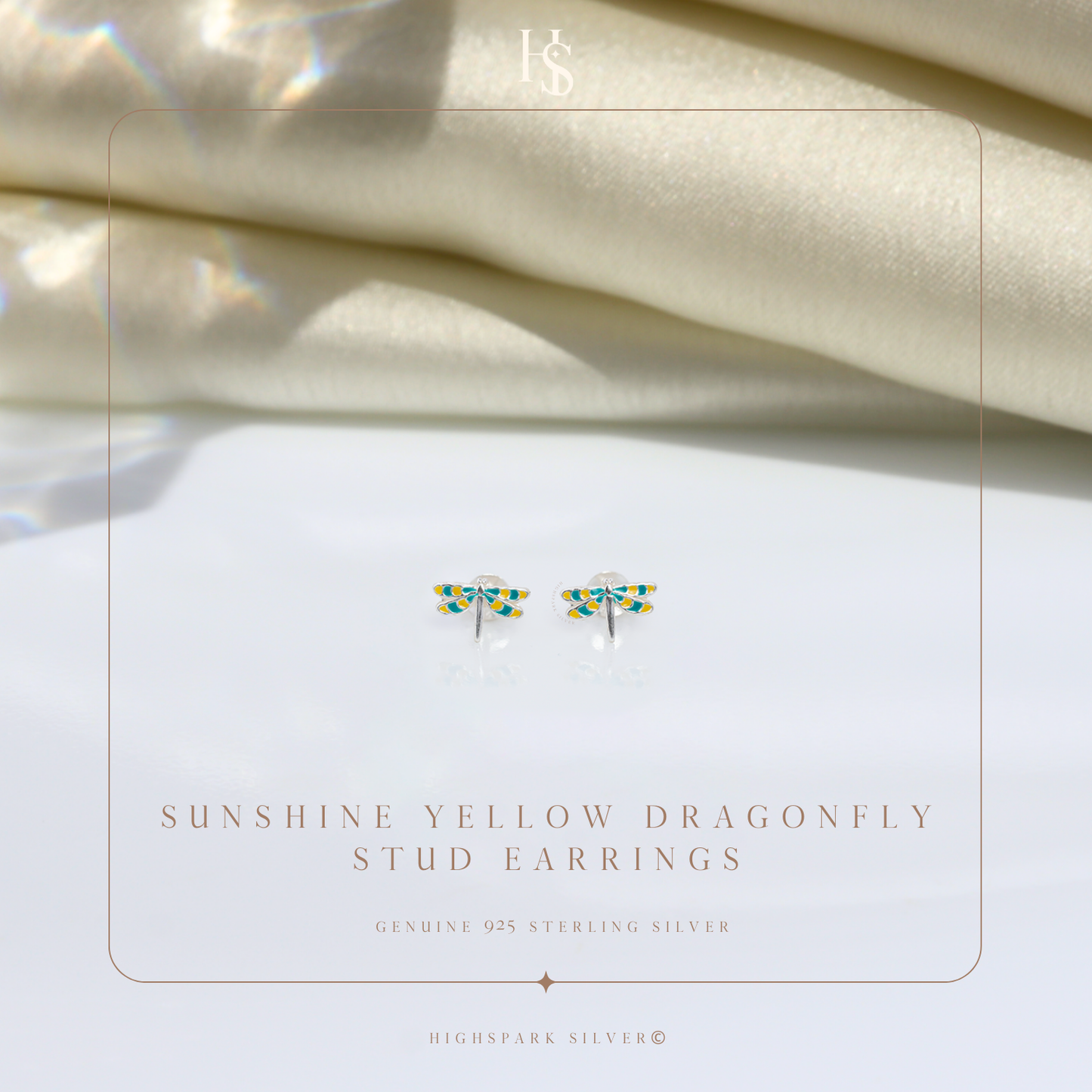 Sunshine Yellow Dragonfly Cute Enamel Stud Earrings in 925 Sterling Silver