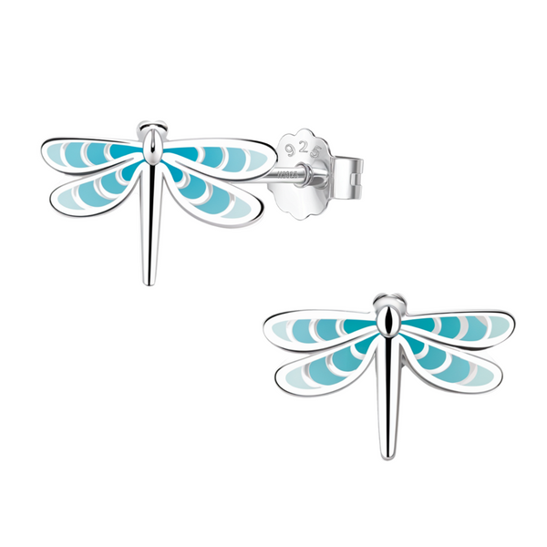 Dragonfly stud earrings with blue and white enamel wings in sterling silver, shown with a push-back clasp on a white background.