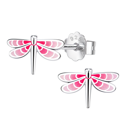 Rosy Pink Dragonfly Cute Enamel Stud Earrings in 925 Sterling Silver