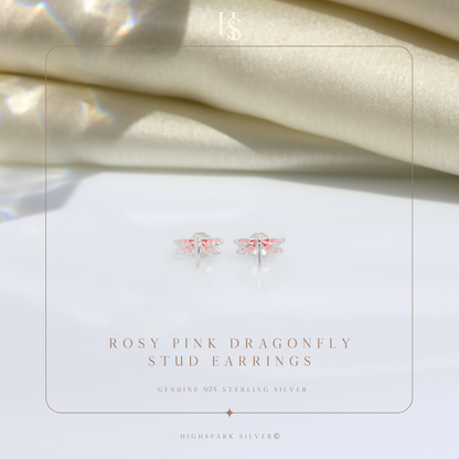 Rosy Pink Dragonfly Cute Enamel Stud Earrings in 925 Sterling Silver