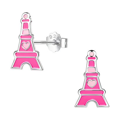 Parisian Eiffel Tower Cute Enamel Stud Earrings in 925 Sterling Silver