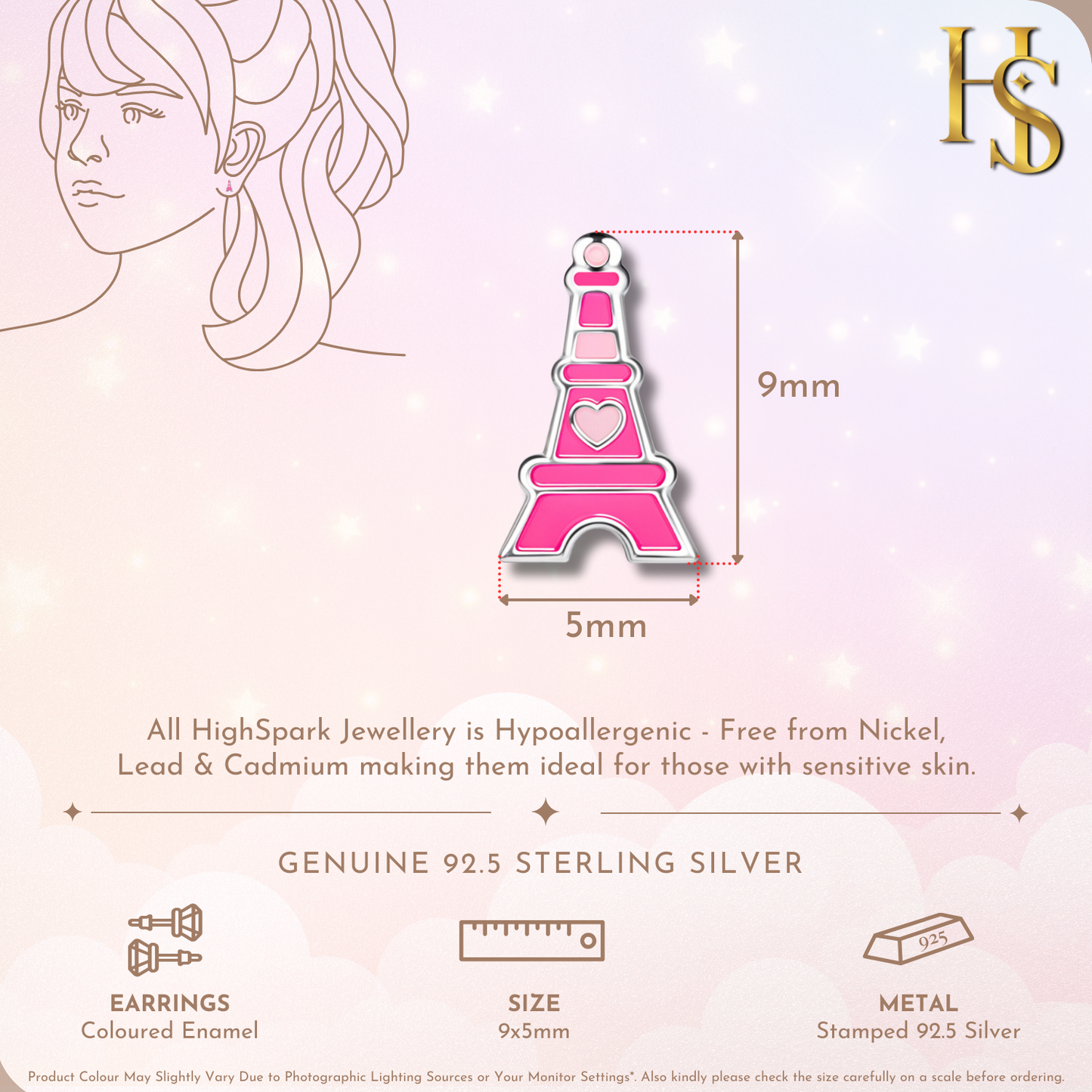 Parisian Eiffel Tower Cute Enamel Stud Earrings in 925 Sterling Silver