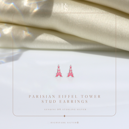 Parisian Eiffel Tower Cute Enamel Stud Earrings in 925 Sterling Silver