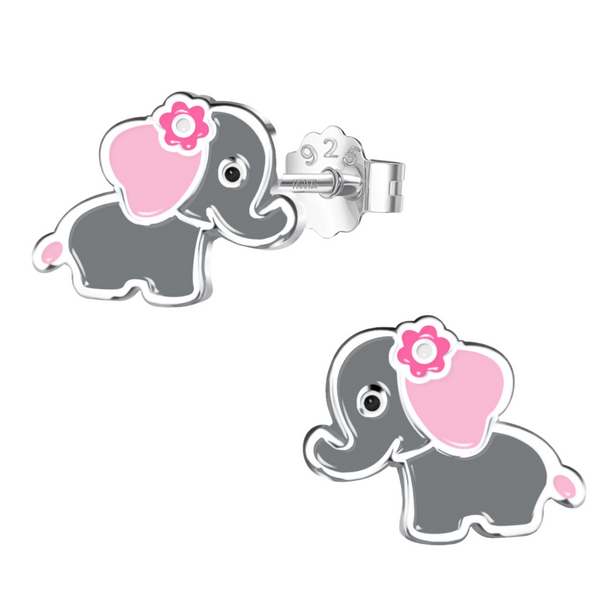 A pair of sterling silver stud earrings shaped like baby elephants with grey and pink enamel and a push-back clasp on a white background.
