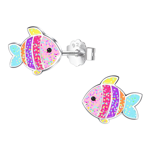 A pair of fish-shaped stud earrings with colorful glitter enamel in sterling silver, shown with a push-back clasp on a white background.