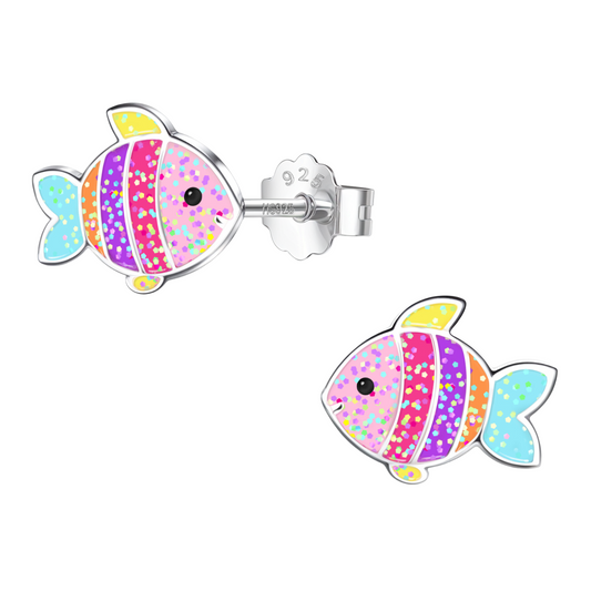 Glittery Coral Fish Cute Enamel Stud Earrings in 925 Sterling Silver