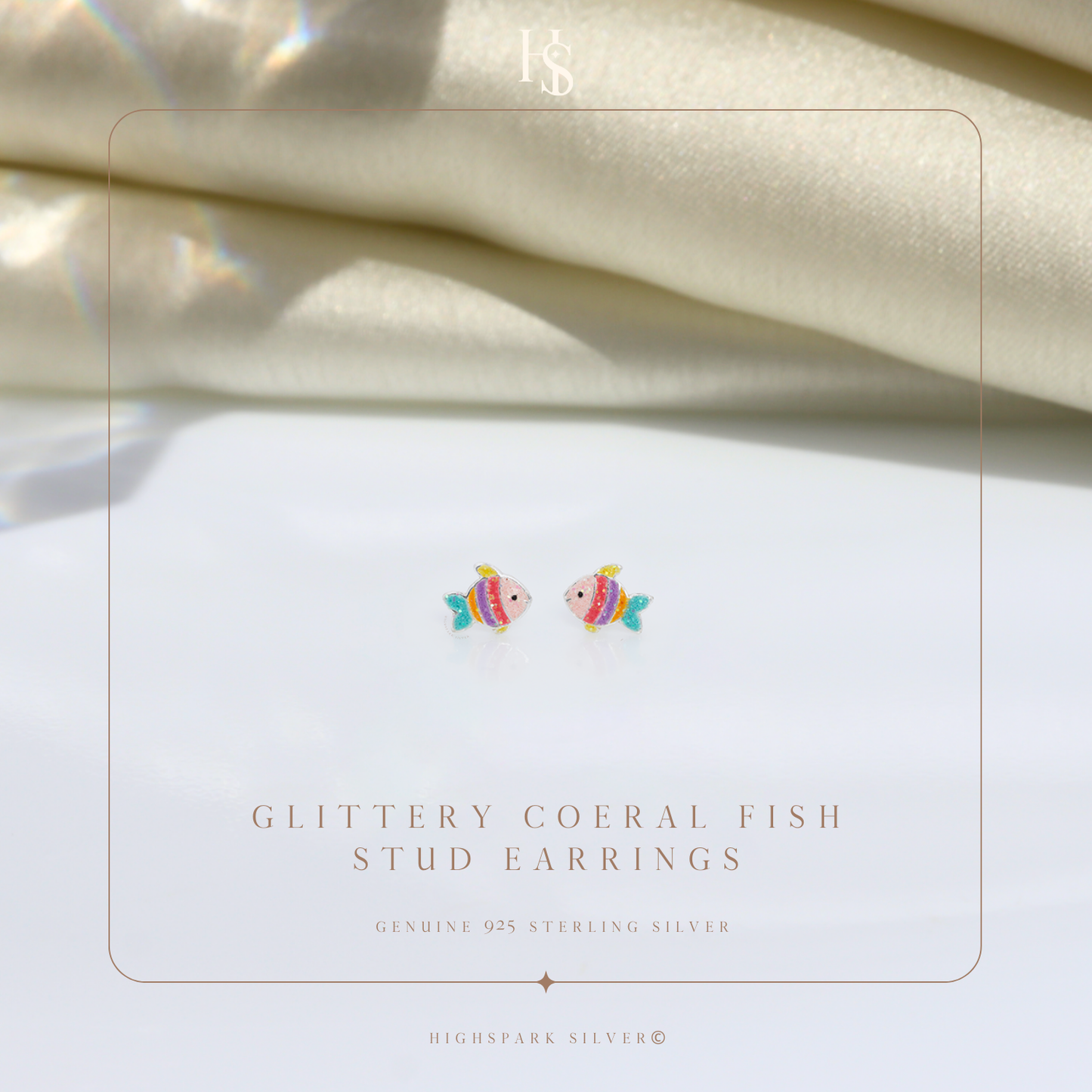 Glittery Coral Fish Cute Enamel Stud Earrings in 925 Sterling Silver