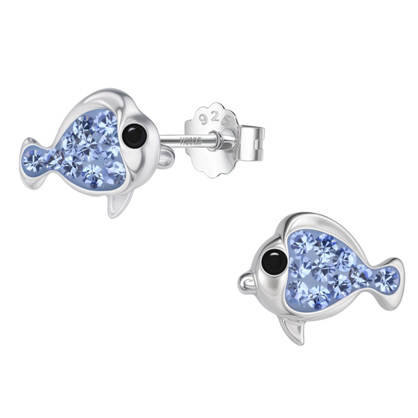 A pair of sterling silver stud earrings shaped like fish, with light blue stones on the body and a push-back closure, on a white background.