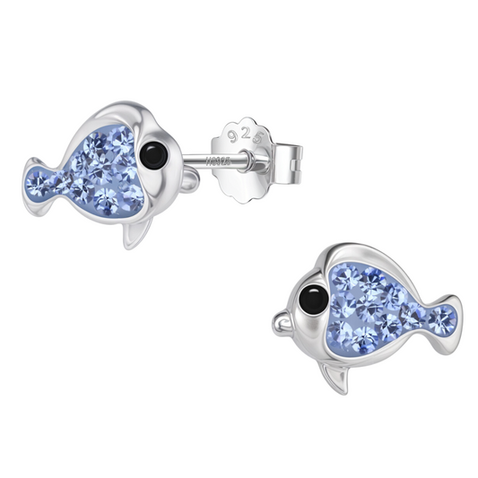 Twinkling Blue Fish Cute Enamel Stud Earrings in 925 Sterling Silver