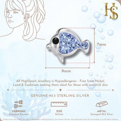 Twinkling Blue Fish Cute Enamel Stud Earrings in 925 Sterling Silver