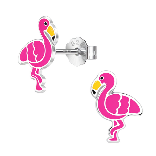 A pair of flamingo-shaped stud earrings with bright pink and yellow enamel in sterling silver, shown on a plain white background.